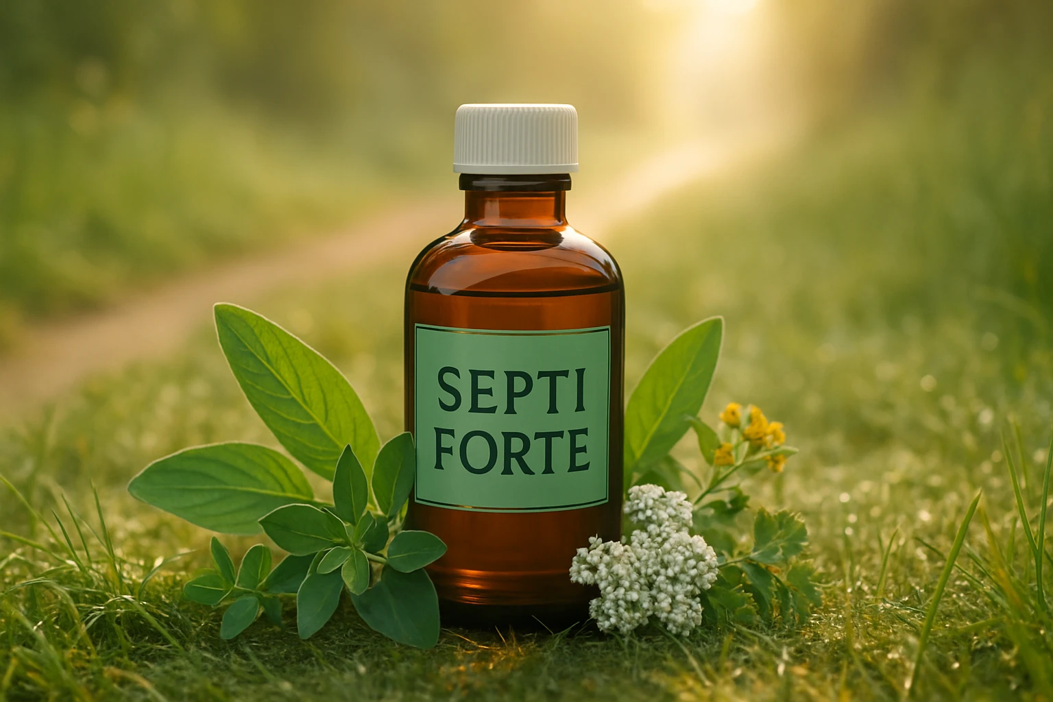 Egy barna üveg, amelyen a 'SEPTI FORTE' felirat látható, zöld levelek és virágok között.