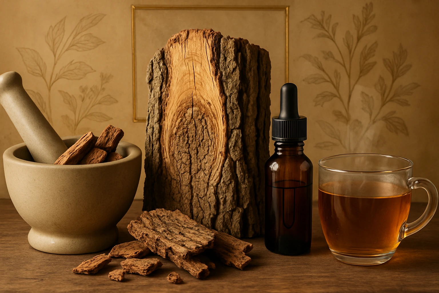 Egy fából készült törzs, gyógynövények, üveg cseppentő és tea egy asztalon.