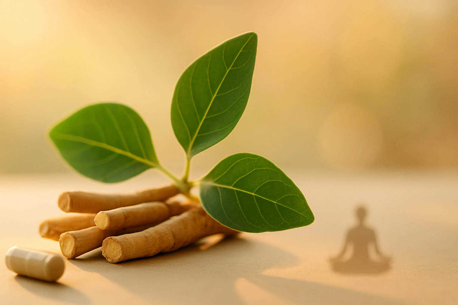 Zöld levelek és gyökerek, mellette egy étrend-kiegészítő kapszula, meditáló árnyékkal.