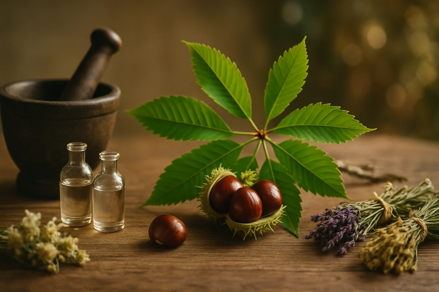 Két üveg olaj, gesztenye és gyógynövények egy fából készült asztalon.