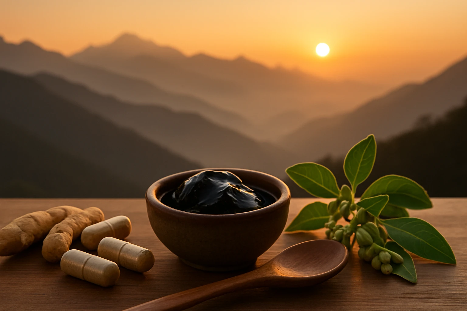 Egy kis tálban fekete paszta, mellette gyógynövények és kapszulák, háttérben naplemente a hegyek felett.