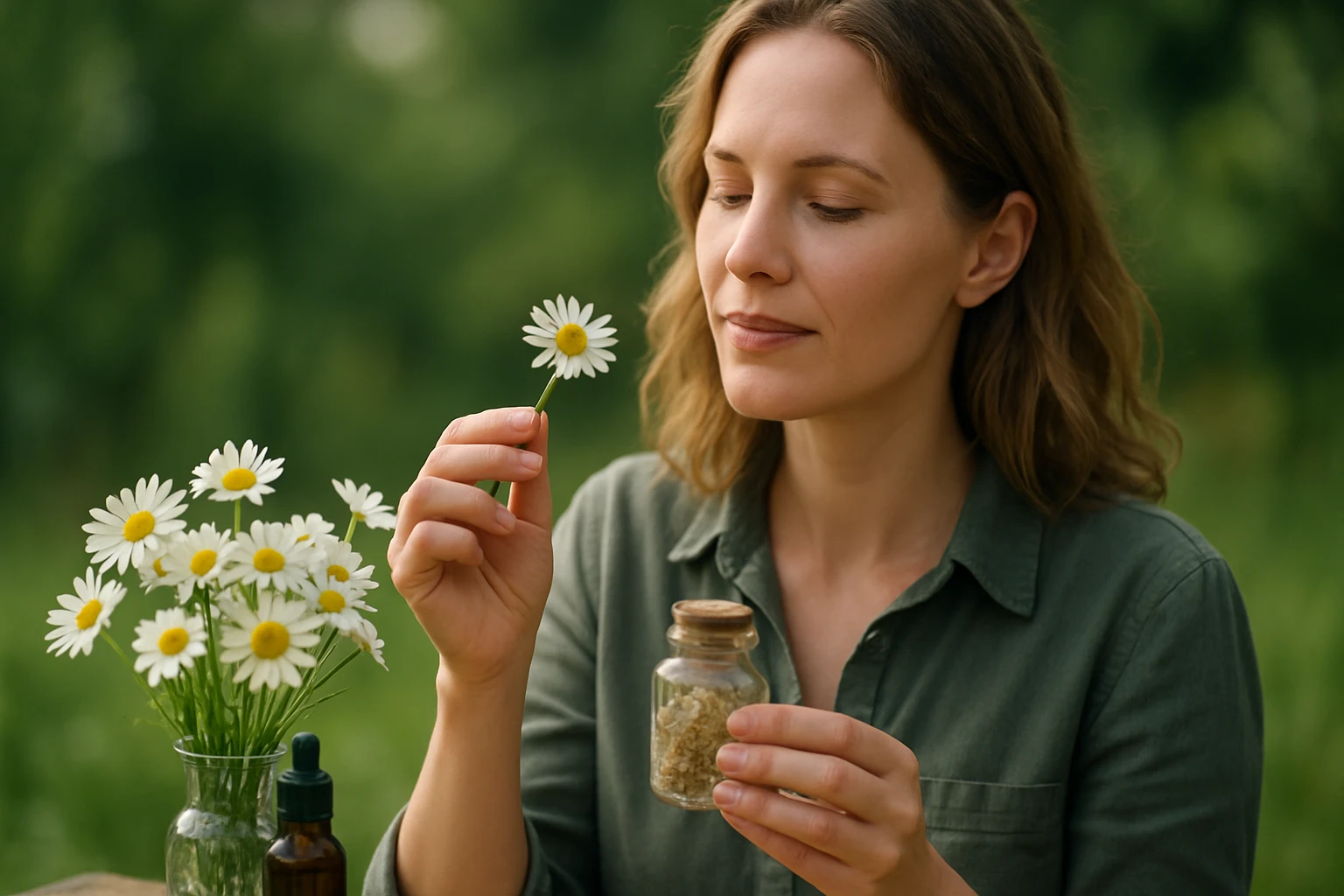 Egy nő virágot tart a kezében, miközben egy üveg gyógynövényt néz.