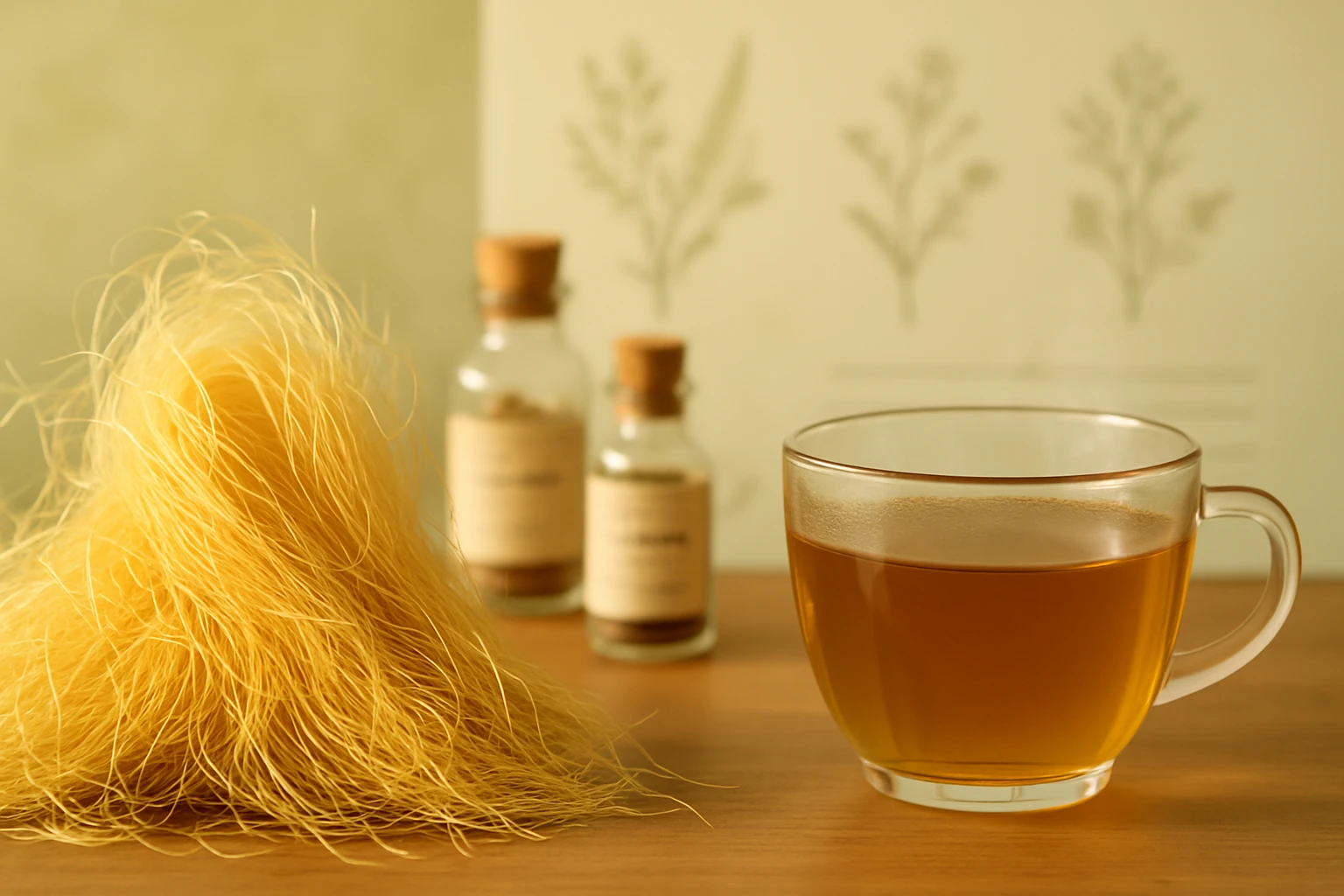 Egy átlátszó bögrében meleg tea, mellette sárga növényi rostok és üvegpalackok.