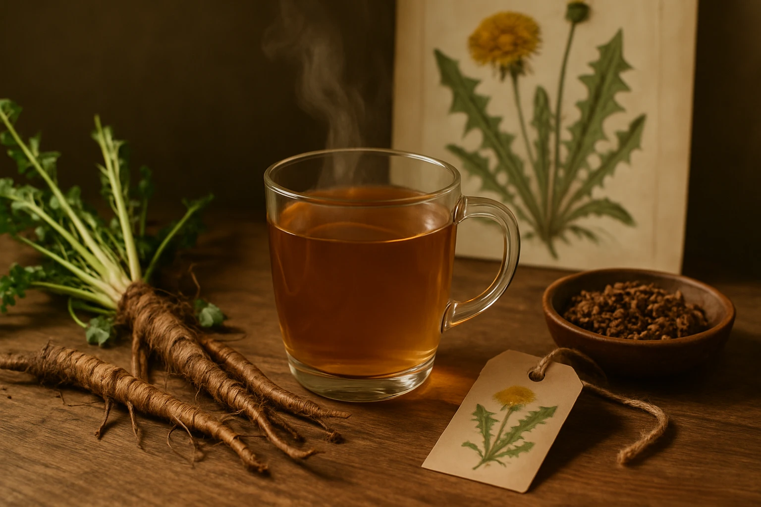 Egy átlátszó bögrében gőzölgő tea, mellette gyökerek és egy dandelion illusztráció.