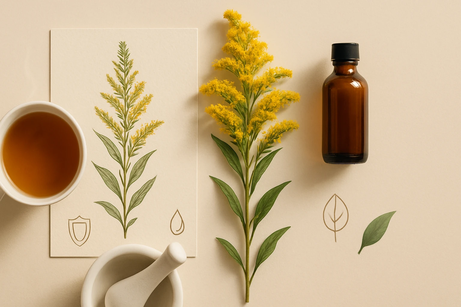 Egy sárga virágú növény, egy barna üveg és egy csésze tea látható egy világos háttéren.