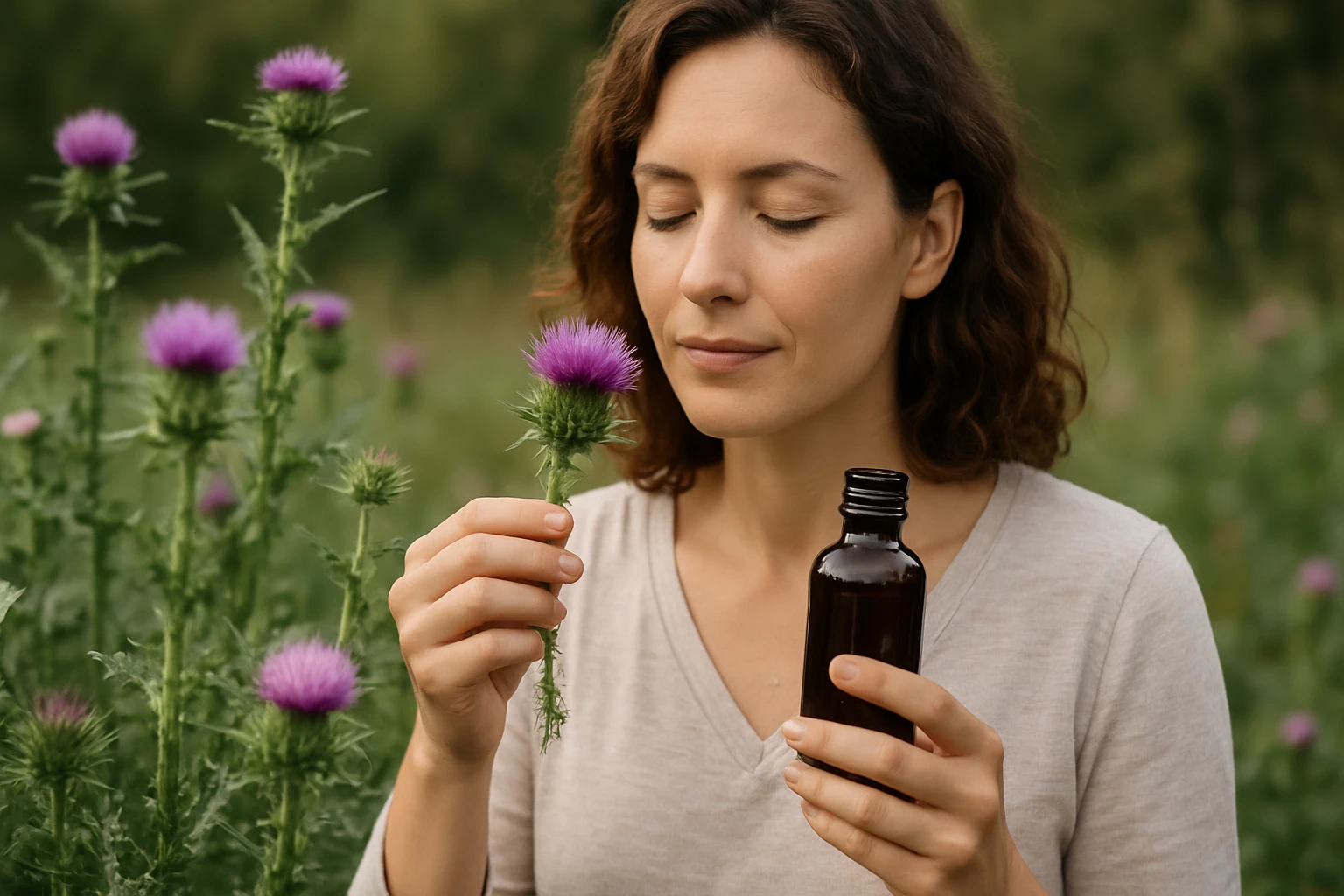 Egy nő a természetben, lila virágot szagolva, kezében egy üveg olajjal.