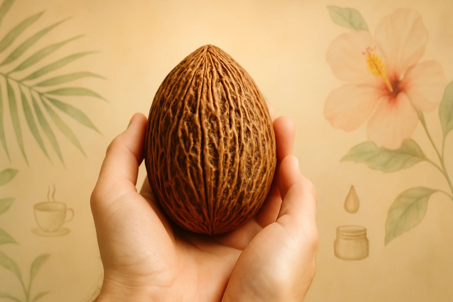 Két kézben tartott, ovális formájú, barna színű mag, részletes textúrával.