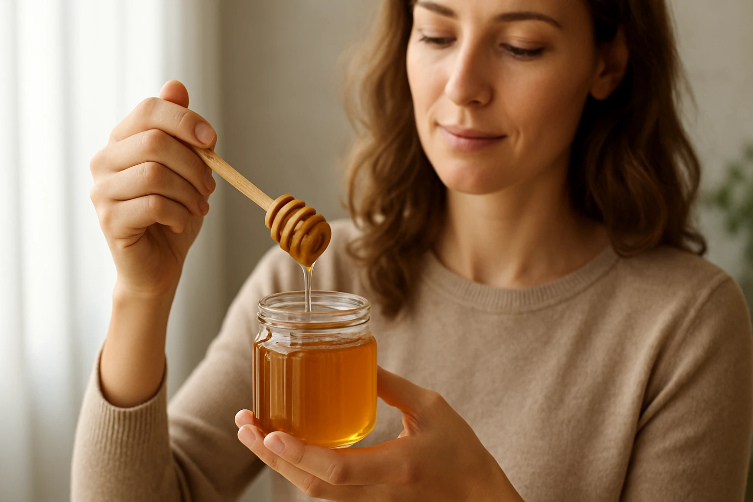 Egy nő mézet merít egy fakanállal egy üvegbe, mosolyogva nézve a mézet.