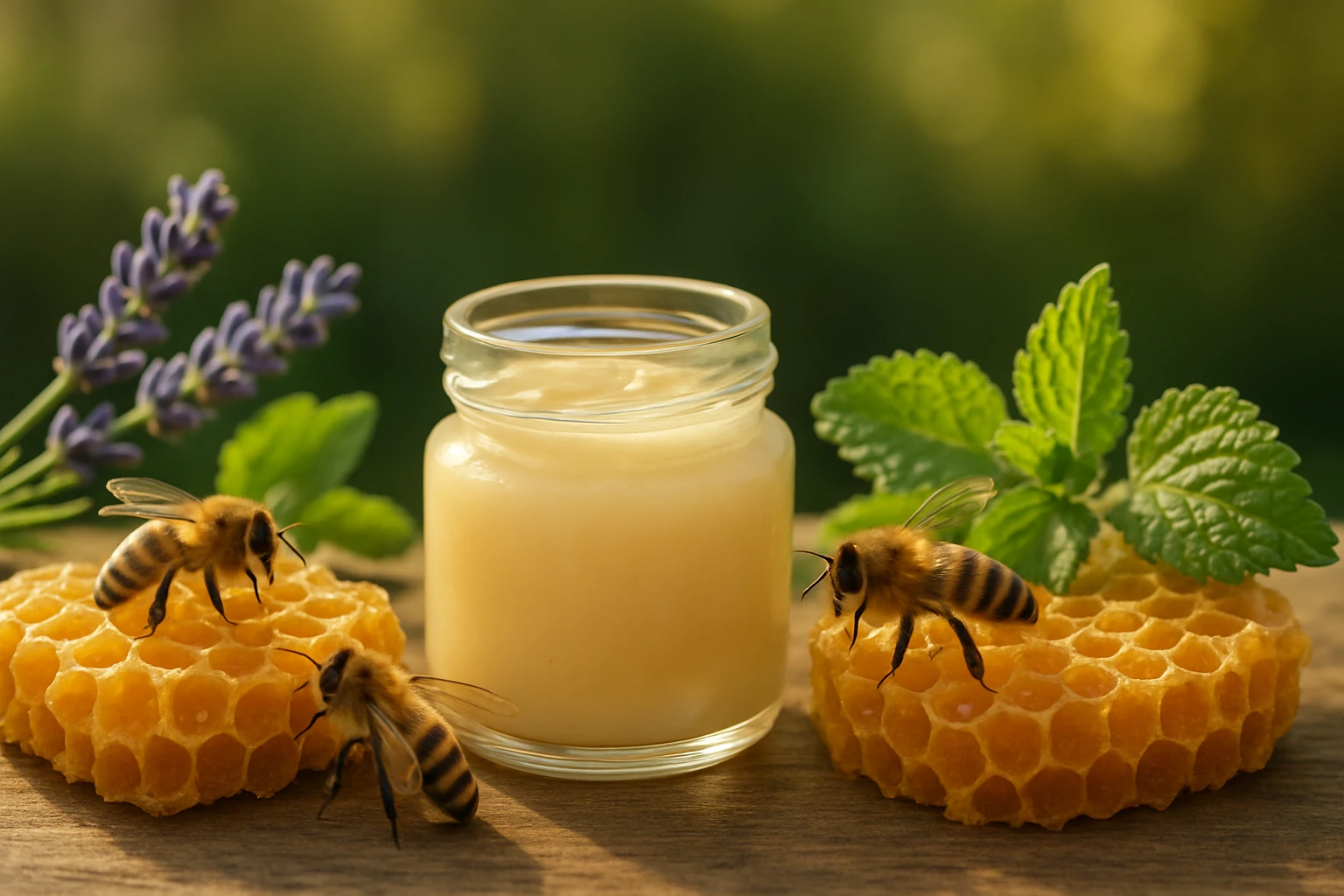 Két méh egy mézsejten, mellette egy üveg méz és friss fűszernövények.