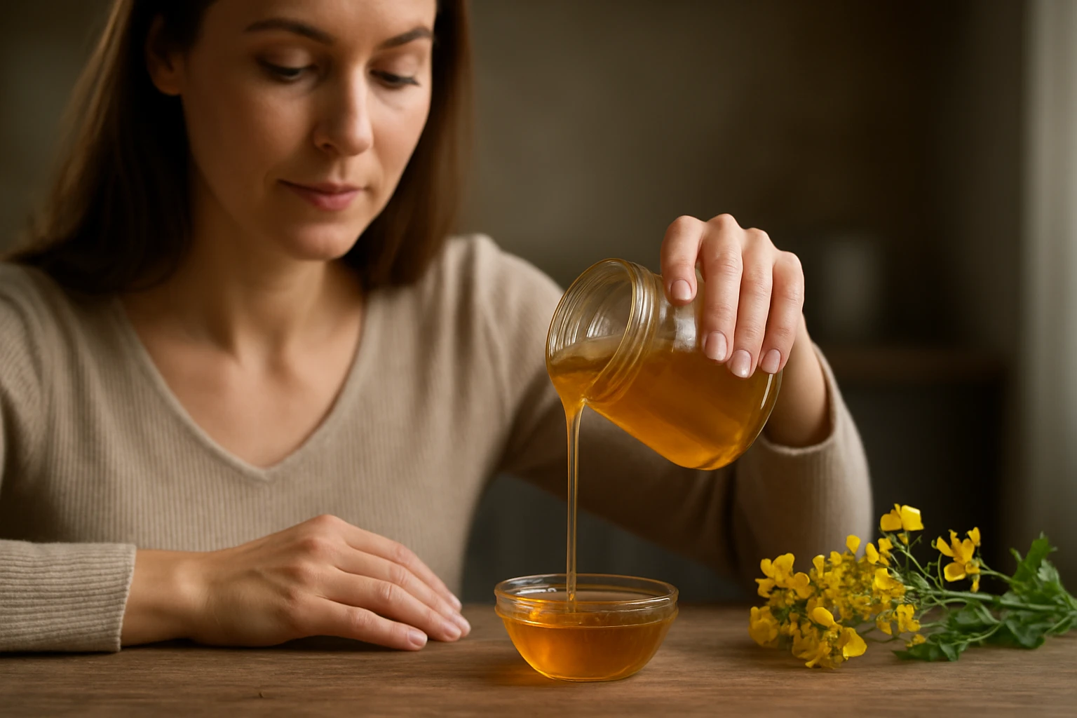 Egy nő mézet önt egy tálba, miközben sárga virágok vannak mellette.