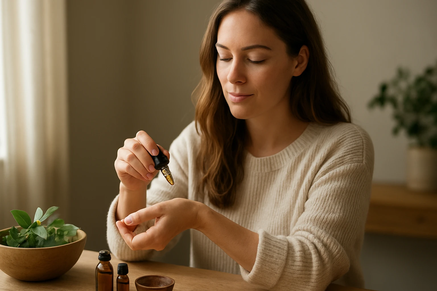 Egy nő cseppentőt használva olajat alkalmaz a csuklóján, természetes környezetben.