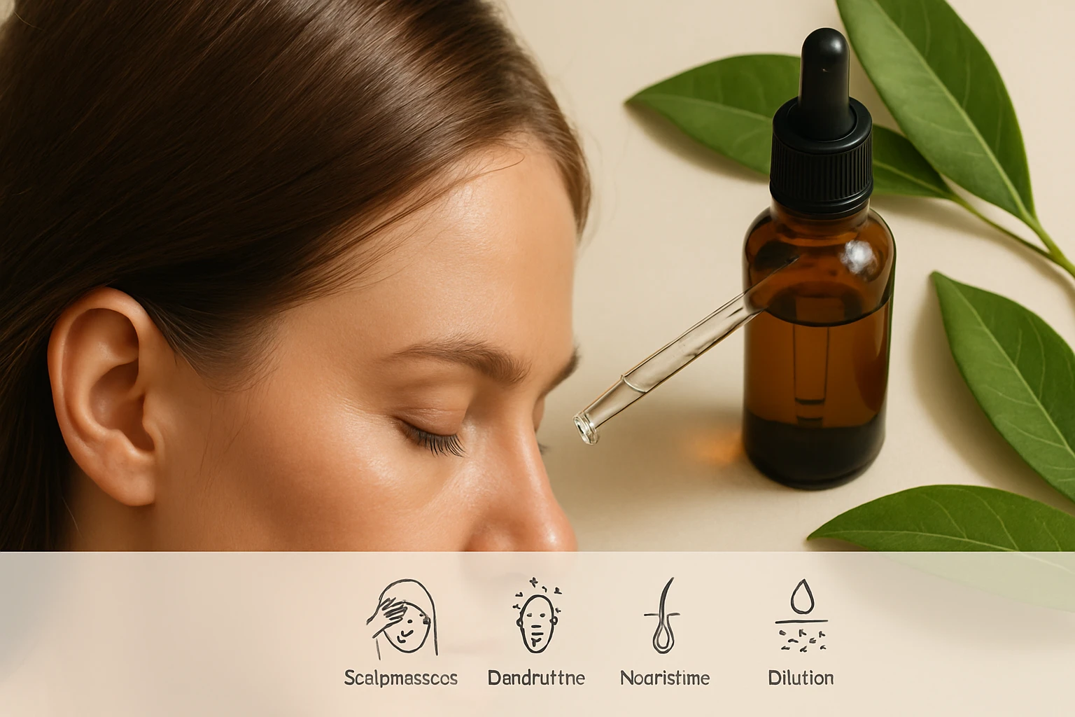 Egy nő arca, aki relaxál, mellette egy üveg olaj pipettával, zöld levelekkel.