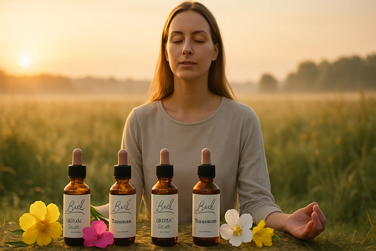 Egy nő meditál a természetben, mellette négy üveg természetes olaj.