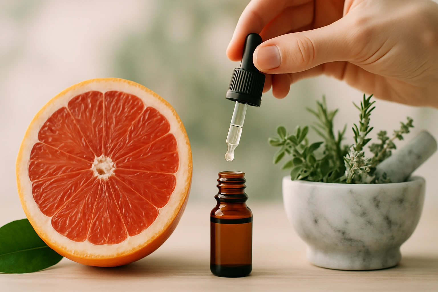 Egy fél grapefruit és egy cseppentő, amelyből egy csepp olaj cseppen egy barna üvegbe.