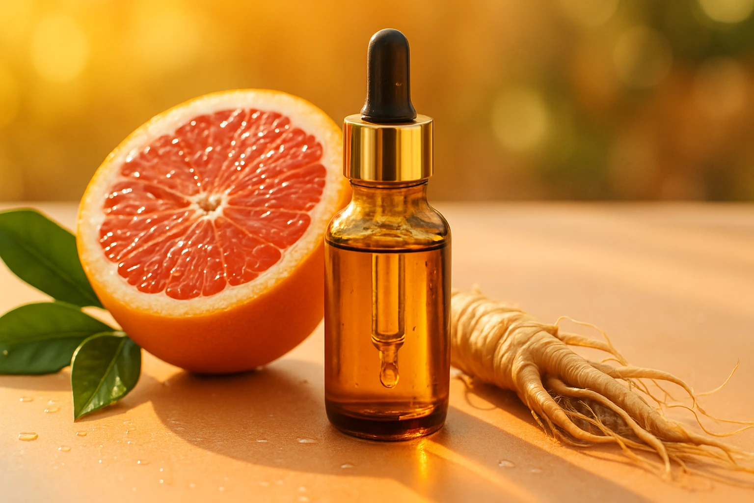 Egy üveg cseppentő, benne narancssárga olaj, mellette félbevágott grapefruit és gyömbérgyökér.