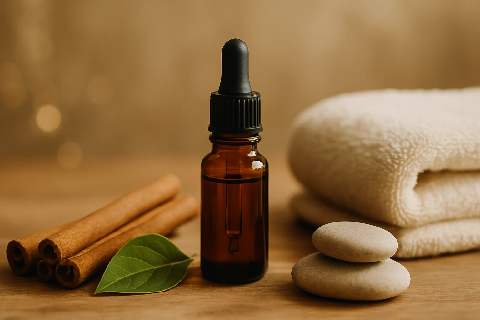 Egy barna üveg cseppentő, fahéjrudak, zöld levél és sima kövek egy törölköző mellett.