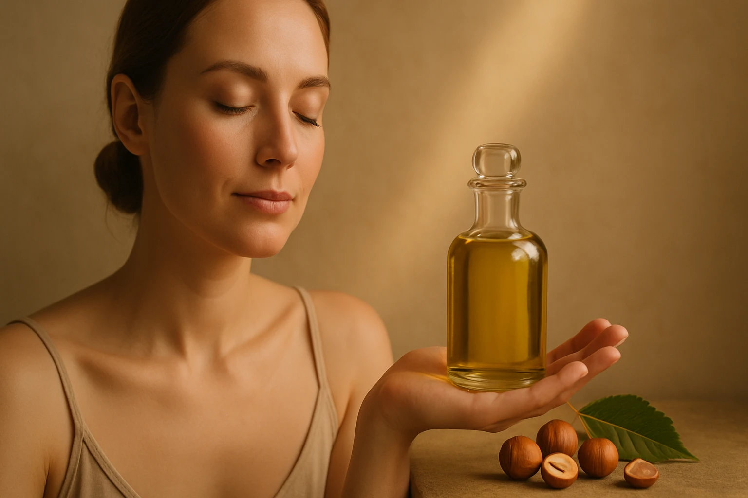 Egy nő, aki egy üveg olajat tart a tenyerében, nyugodt arckifejezéssel.