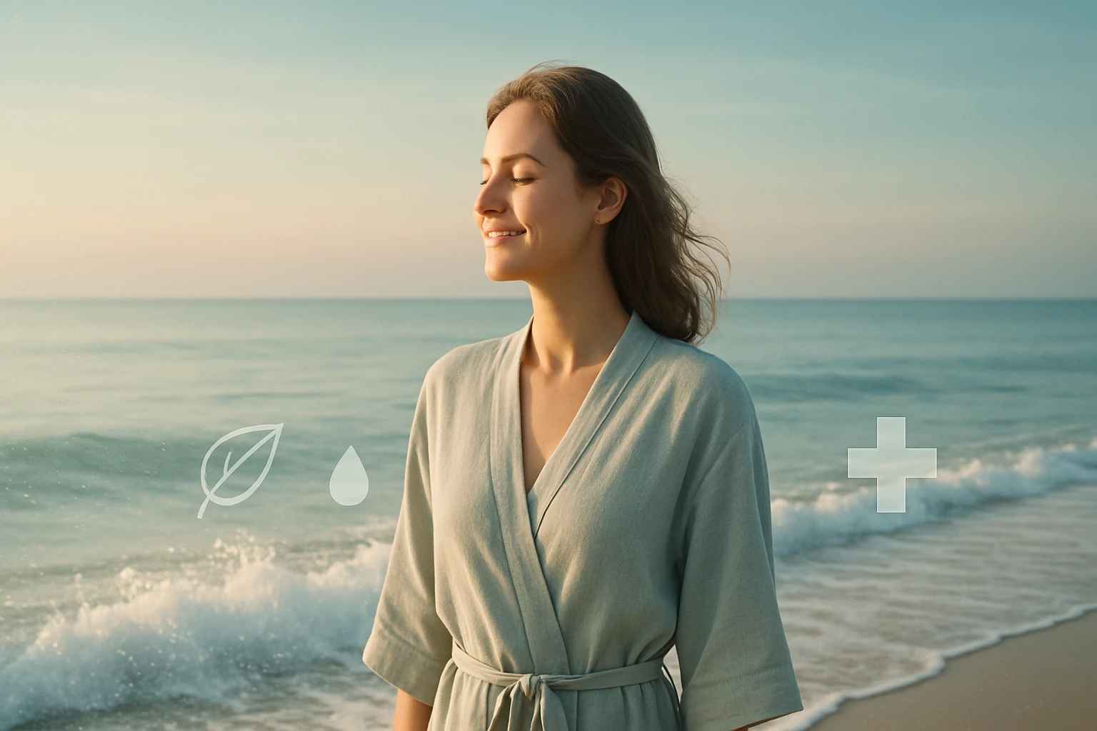 Egy fiatal nő áll a tengerparton, arca a nap felé fordul, mosolyogva élvezi a természetet.