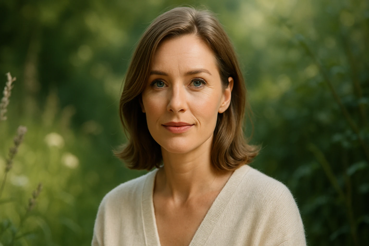 Egy fiatal nő áll a természetben, zöld háttér előtt, nyugodt arckifejezéssel.