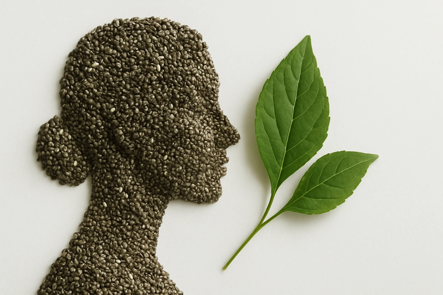 Egy női profil alakja chia magokból, mellette friss zöld levelek.