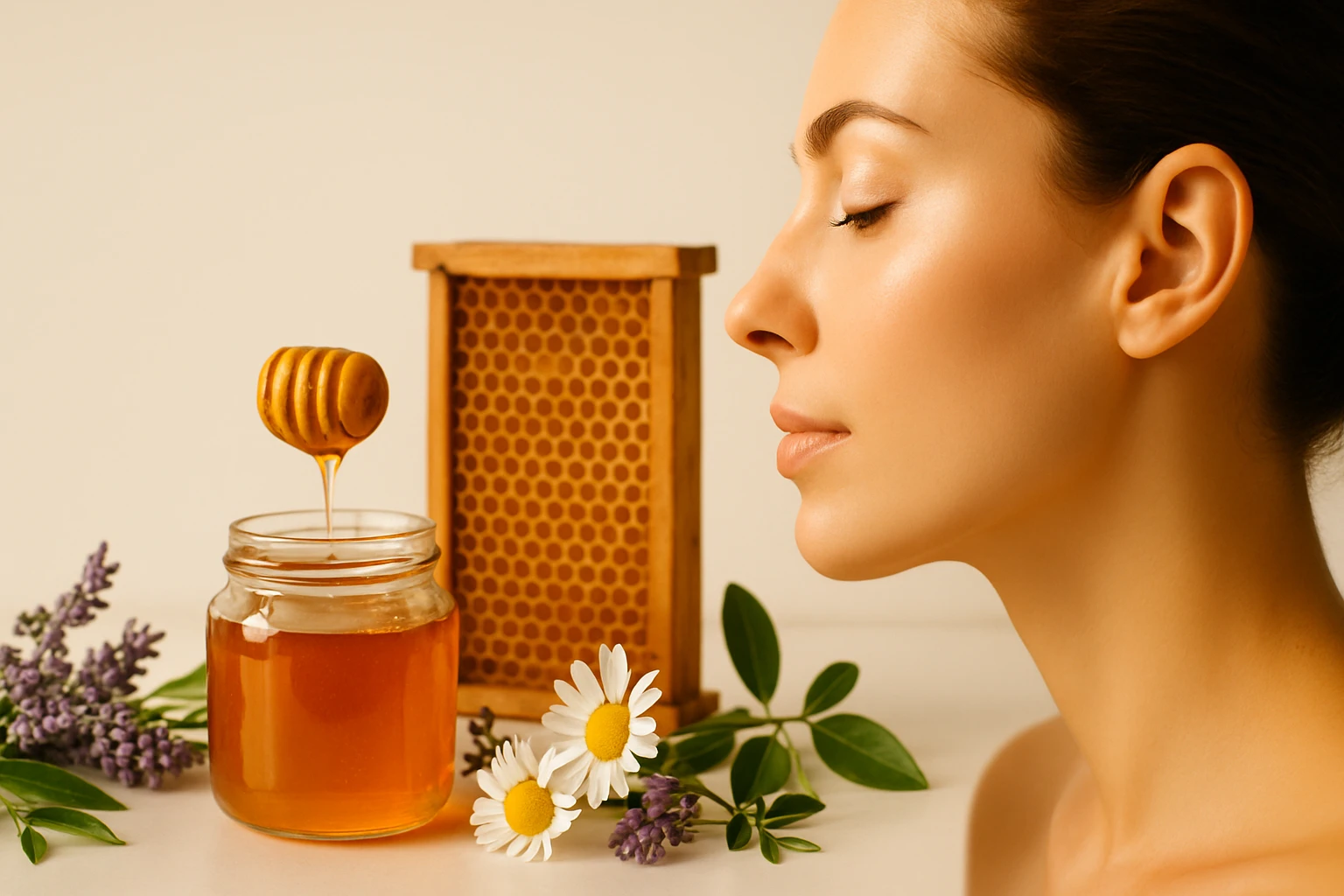 Egy nő arca méz és virágok mellett, a méz egy kanálon csöpög.