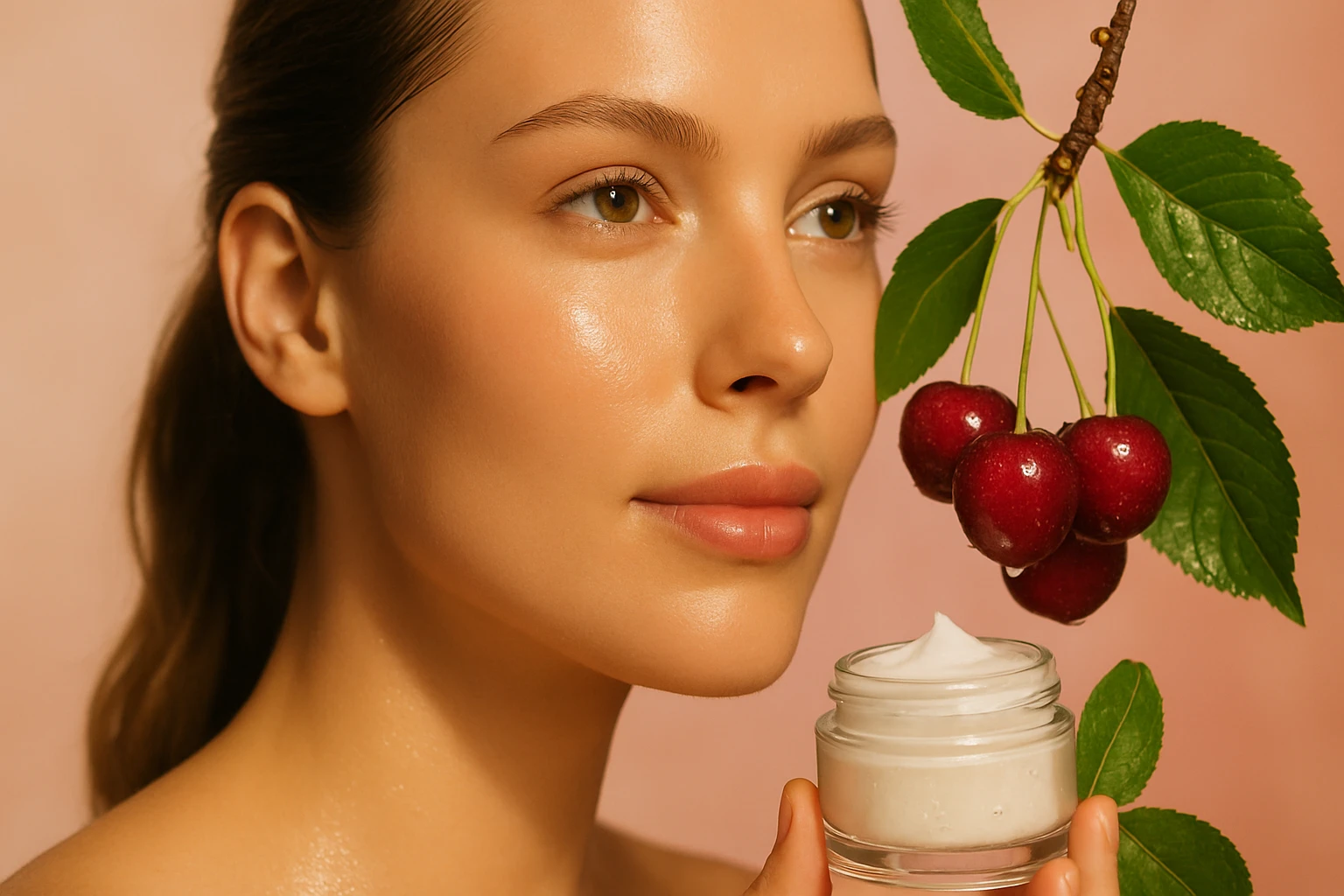 Egy fiatal nő arca, sima bőrrel, kezében egy krémes tégely, felette cseresznyeág.