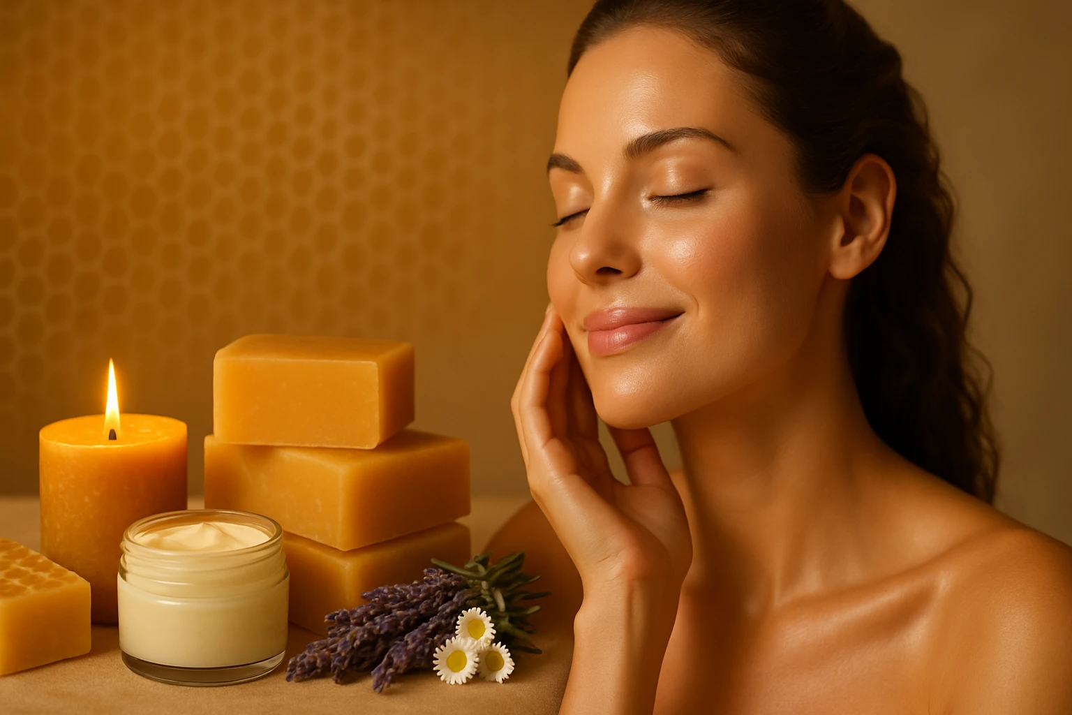 Egy nő boldogan érinti meg az arcát, miközben gyertyák és természetes kozmetikumok veszik körül.