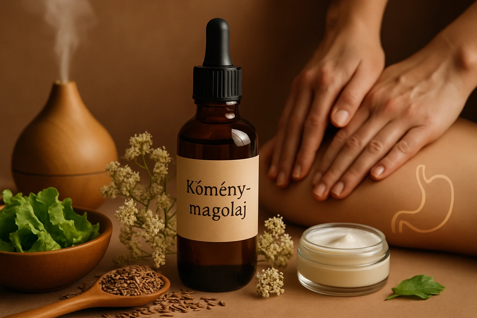 Köménymagolaj üveg, friss zöldségek és krémek környezetében.