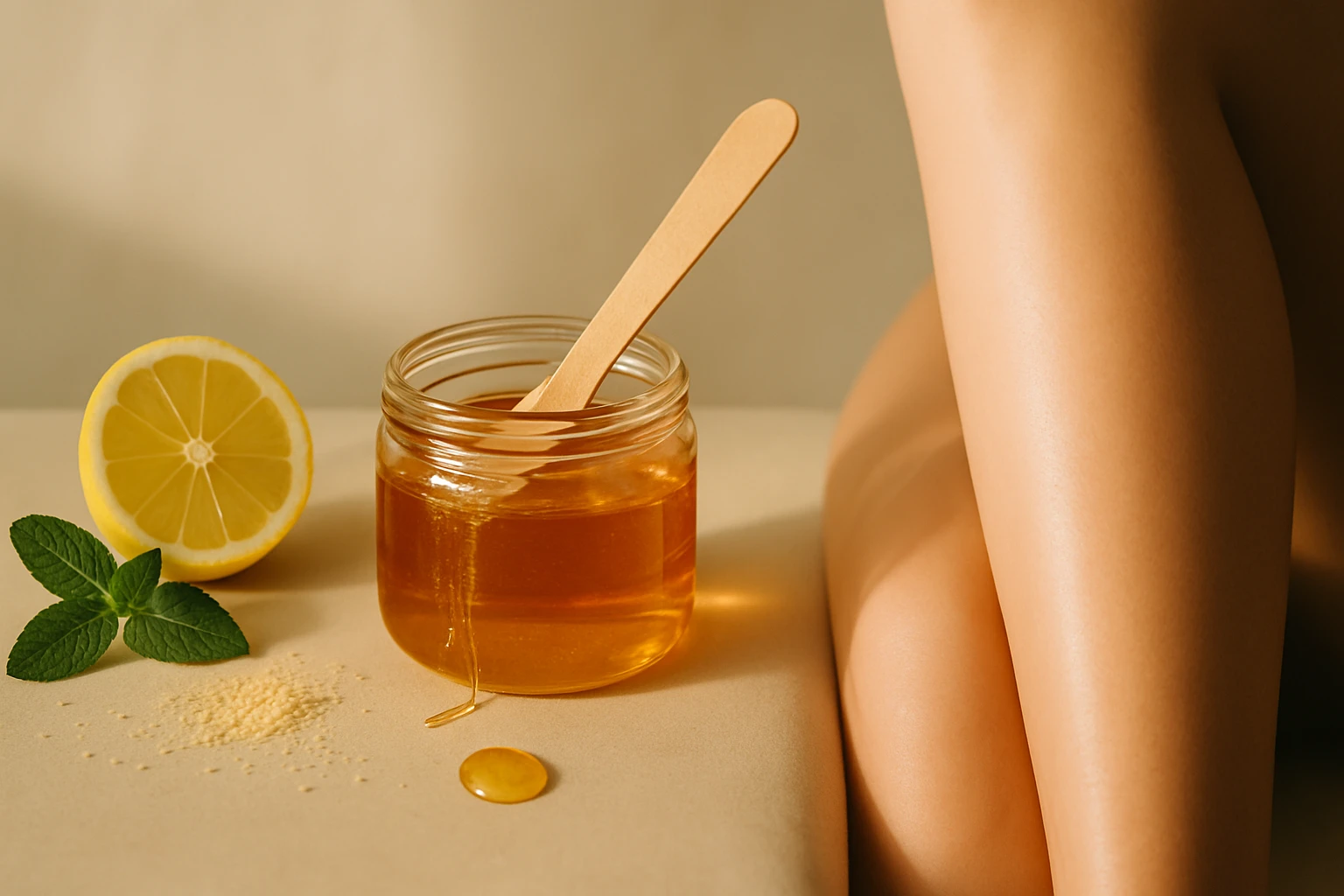 Egy üveg méz, citromszelet és menta levél látható, mellette egy sima bőrű láb.