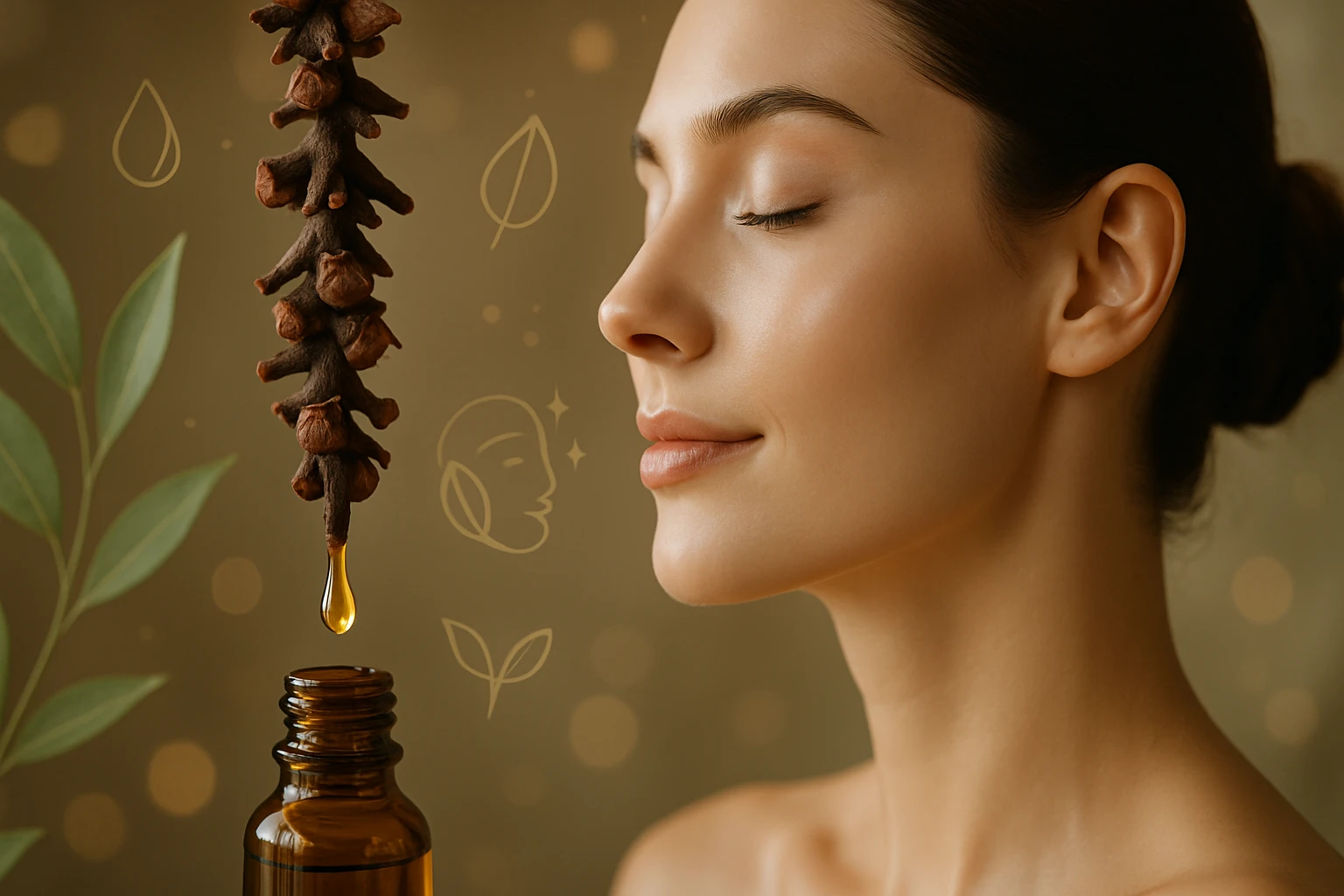 Egy nő arca mellett egy üveg olaj, csepp formájában lecsöppenve, háttérben növényi motívumokkal.