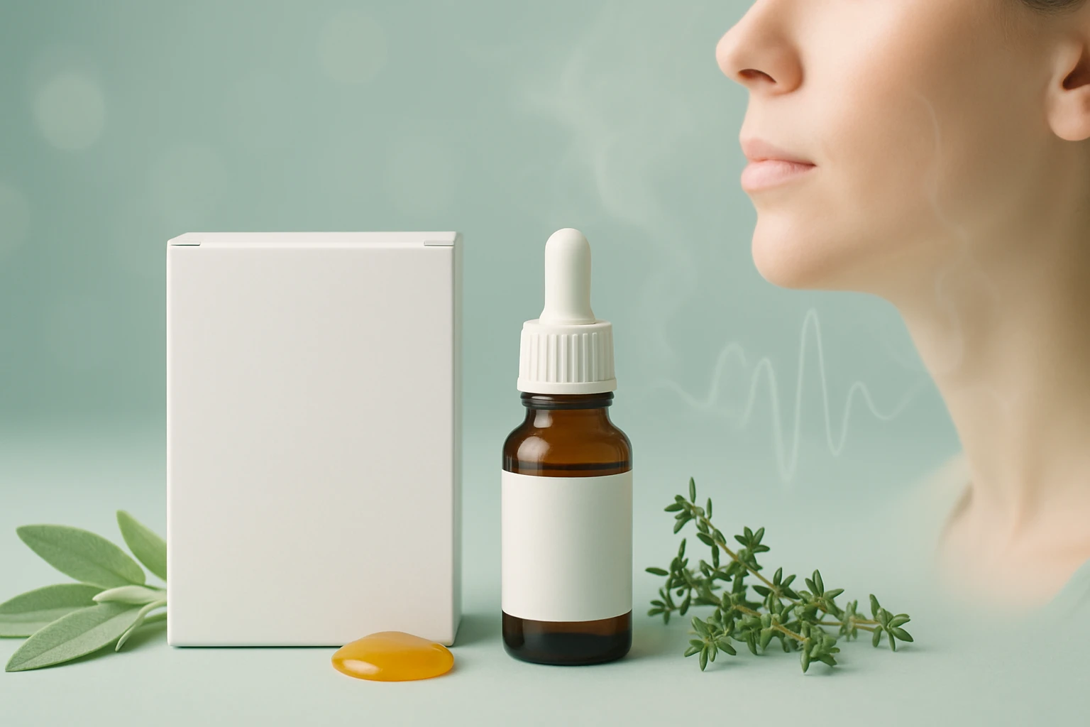 Egy üveg olaj, mellette egy fehér doboz és friss gyógynövények, háttérben egy női arc részlete.