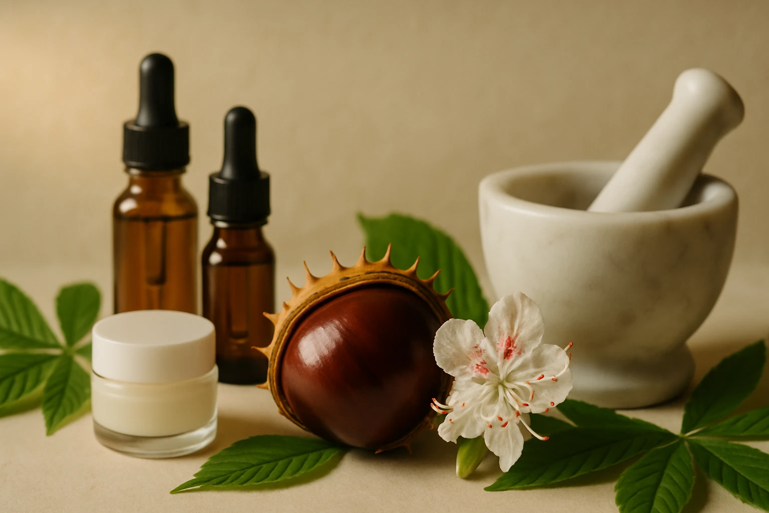 Különböző természetes összetevők, mint a gesztenye, olajok és krémek, egy márvány mozsár mellett.