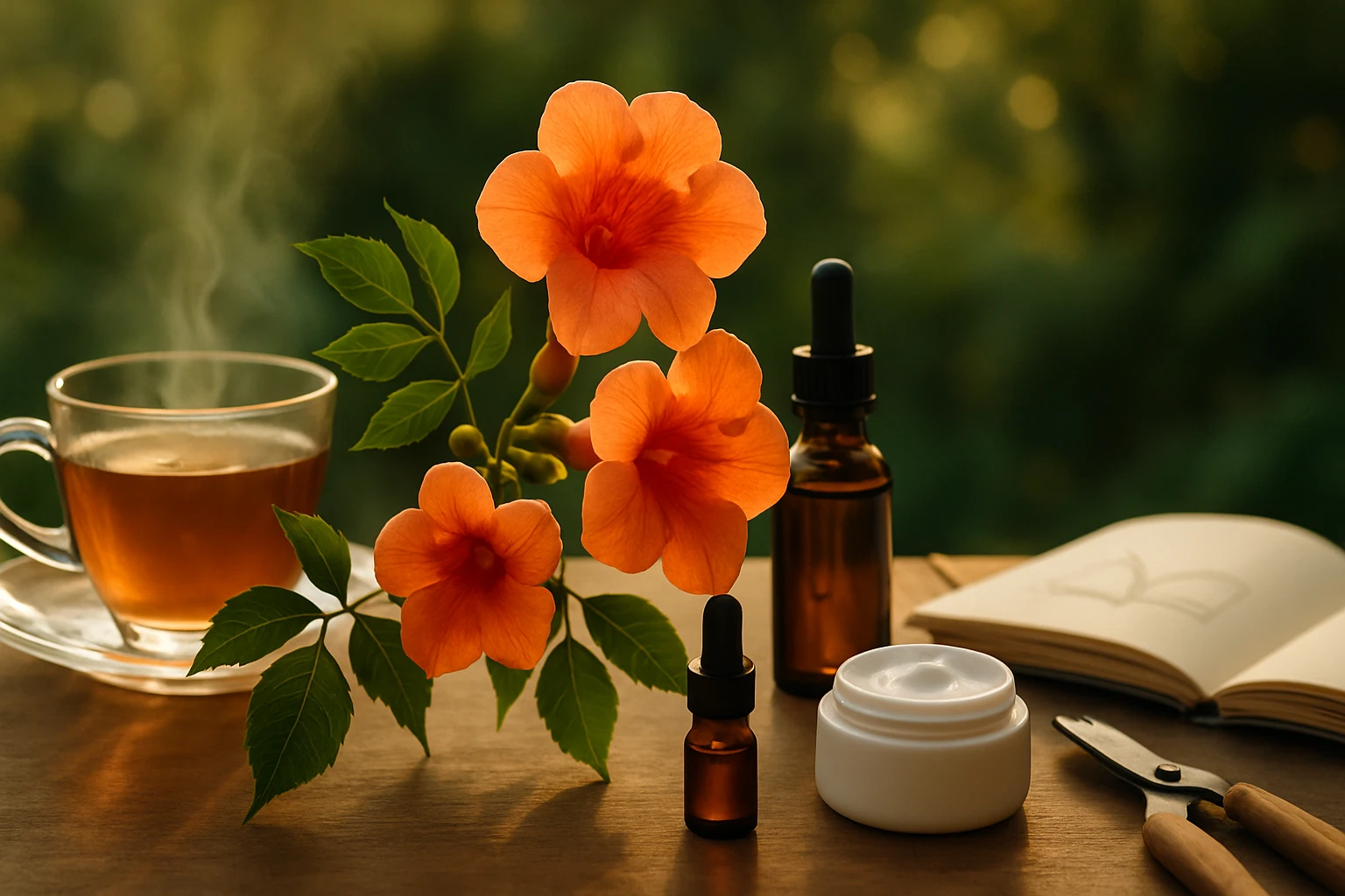 Egy csésze gőzölgő tea, narancssárga virágok és üveg olajok egy asztalon.