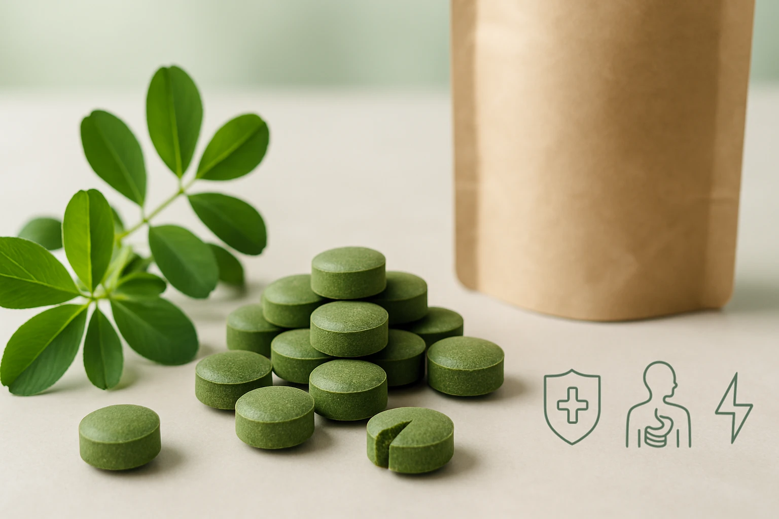 Zöld táplálékkiegészítők halmaza, mellette friss levelek és papírzacskó.