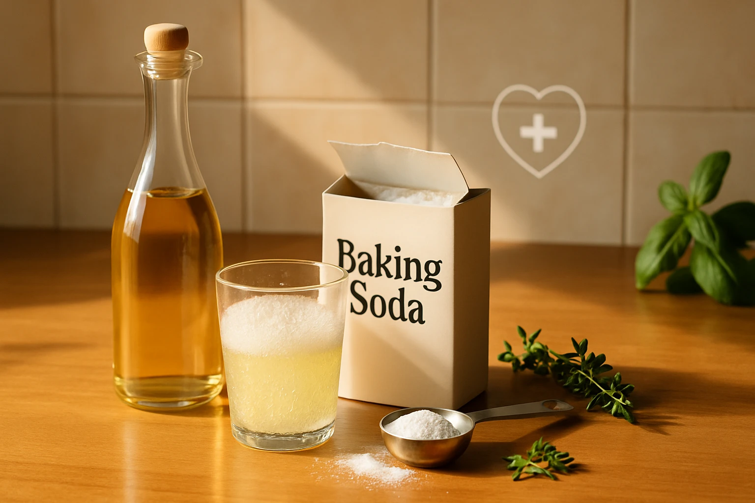 Egy üveg olaj, egy pohár szódabikarbóna és friss fűszernövények egy faasztalon.