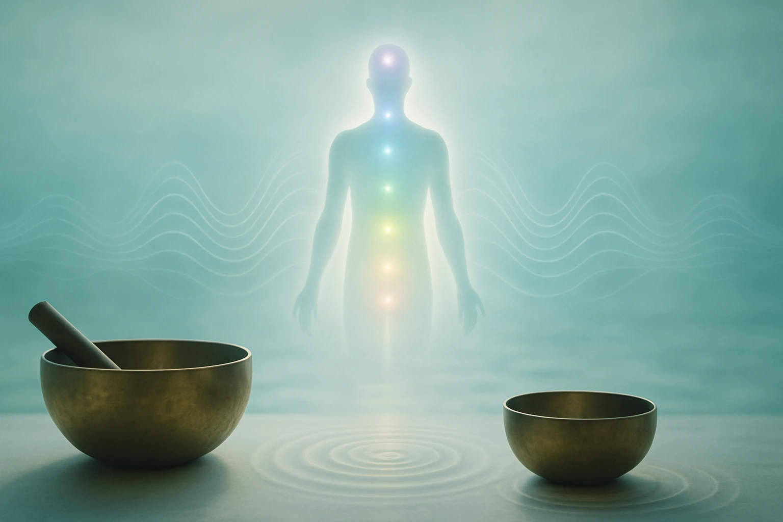 Két tibeti éneklő tál, mögöttük egy fénylő emberi alak és színes csakrák.
