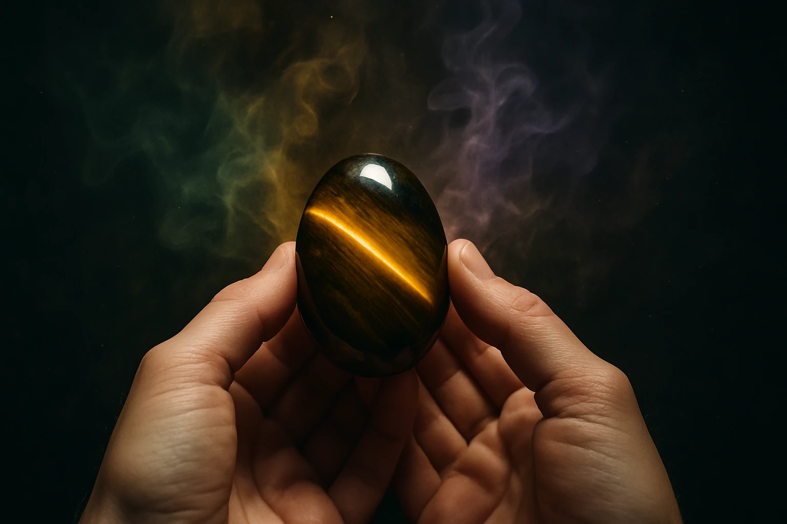 Két kézben tartott, fényes tigrisszem kő tojás formájában, háttérben színes füst.