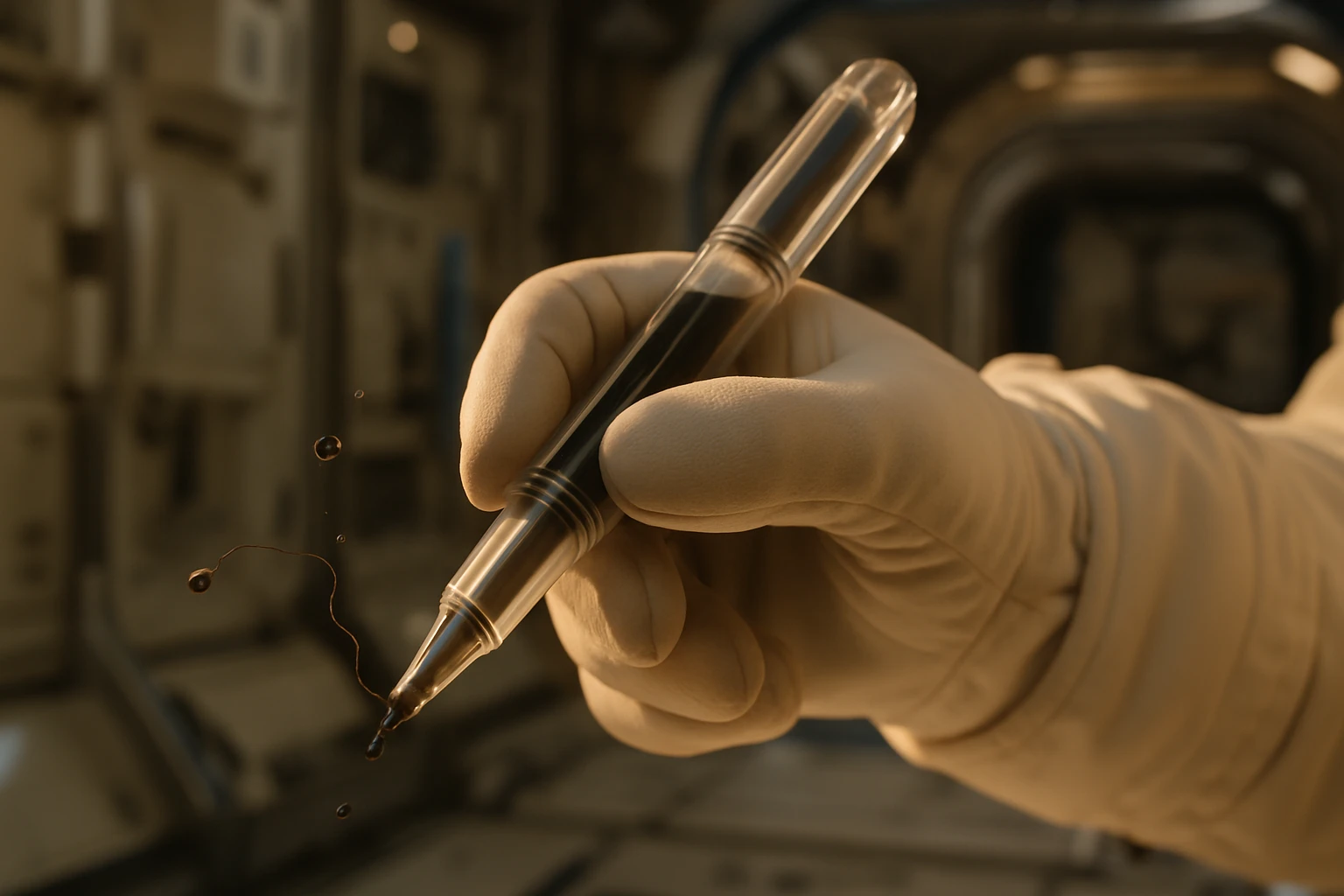 Egy űrhajós kesztyűs keze egy tollat tart, amelyből tinta cseppen ki.