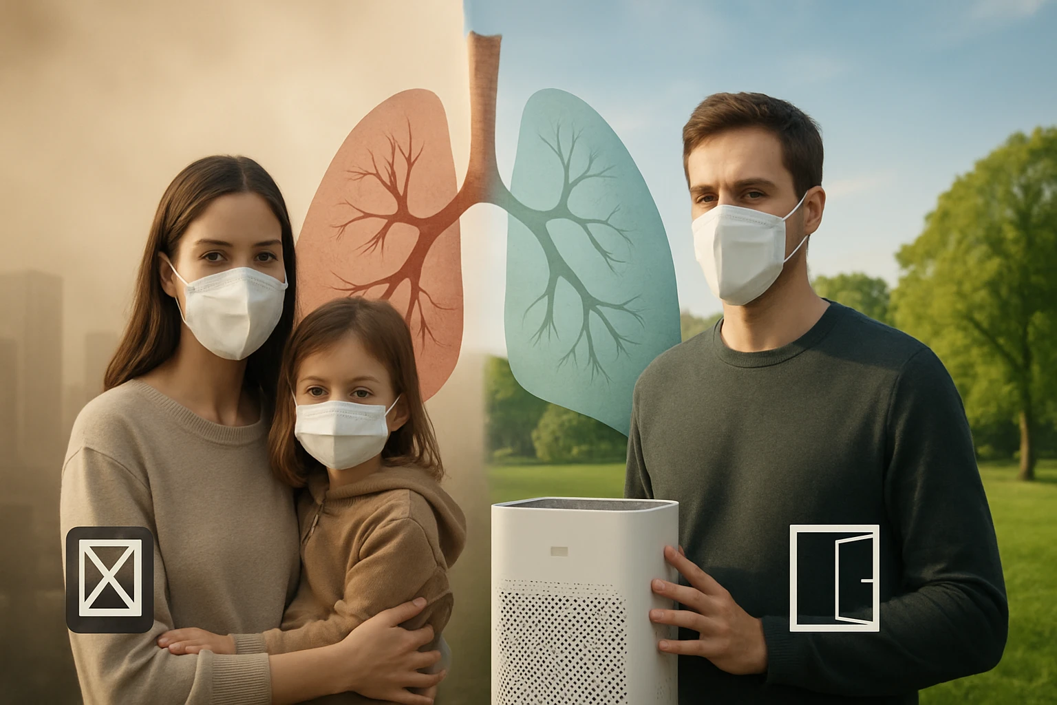Egy nő és egy gyermek maszkban áll, mögöttük szennyezett levegő és tiszta tüdő ábrázolás látható.