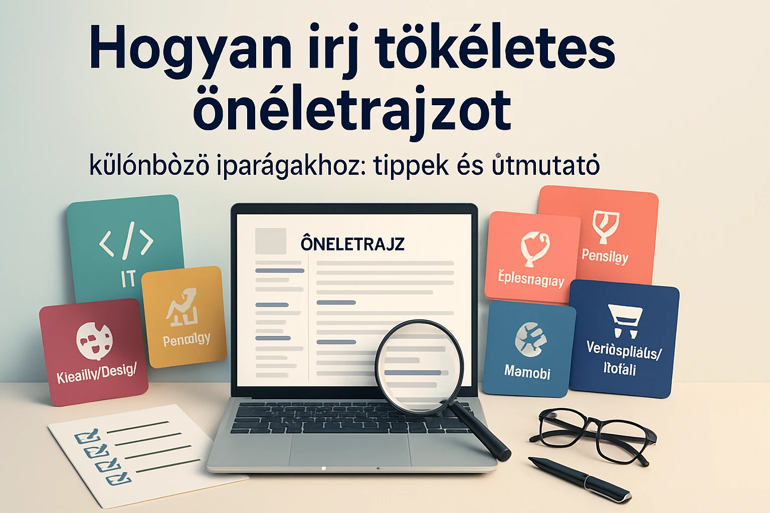 Egy laptop képernyőjén önéletrajz látható, körülötte különböző iparágakat jelölő ikonok.