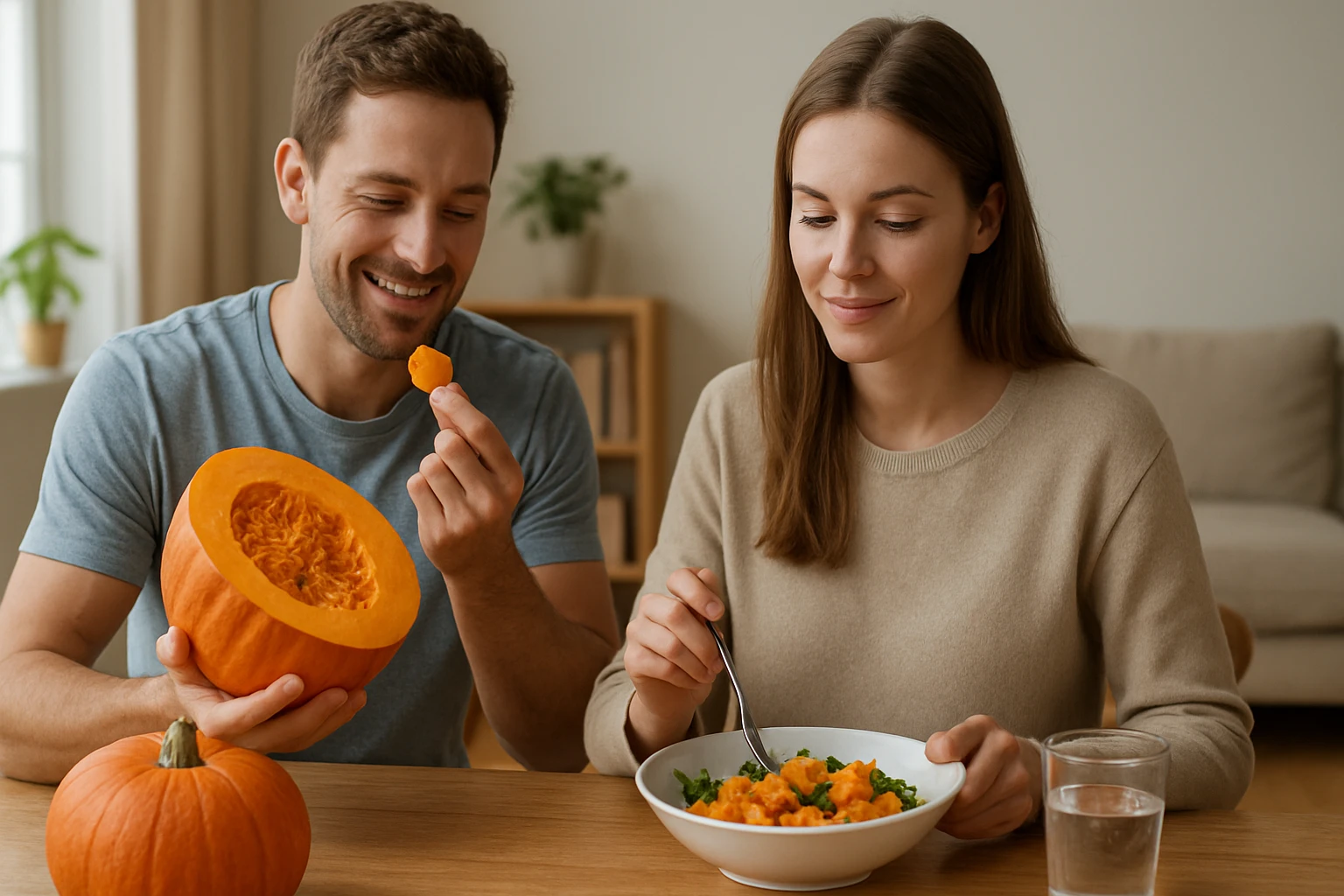 Egy férfi és egy nő ül egy asztalnál, a férfi tököt tart a kezében, míg a nő salátát eszik.