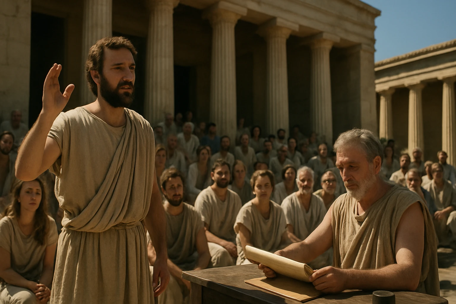 Egy férfi beszél a közönség előtt, míg egy másik férfi papírt tart a kezében.