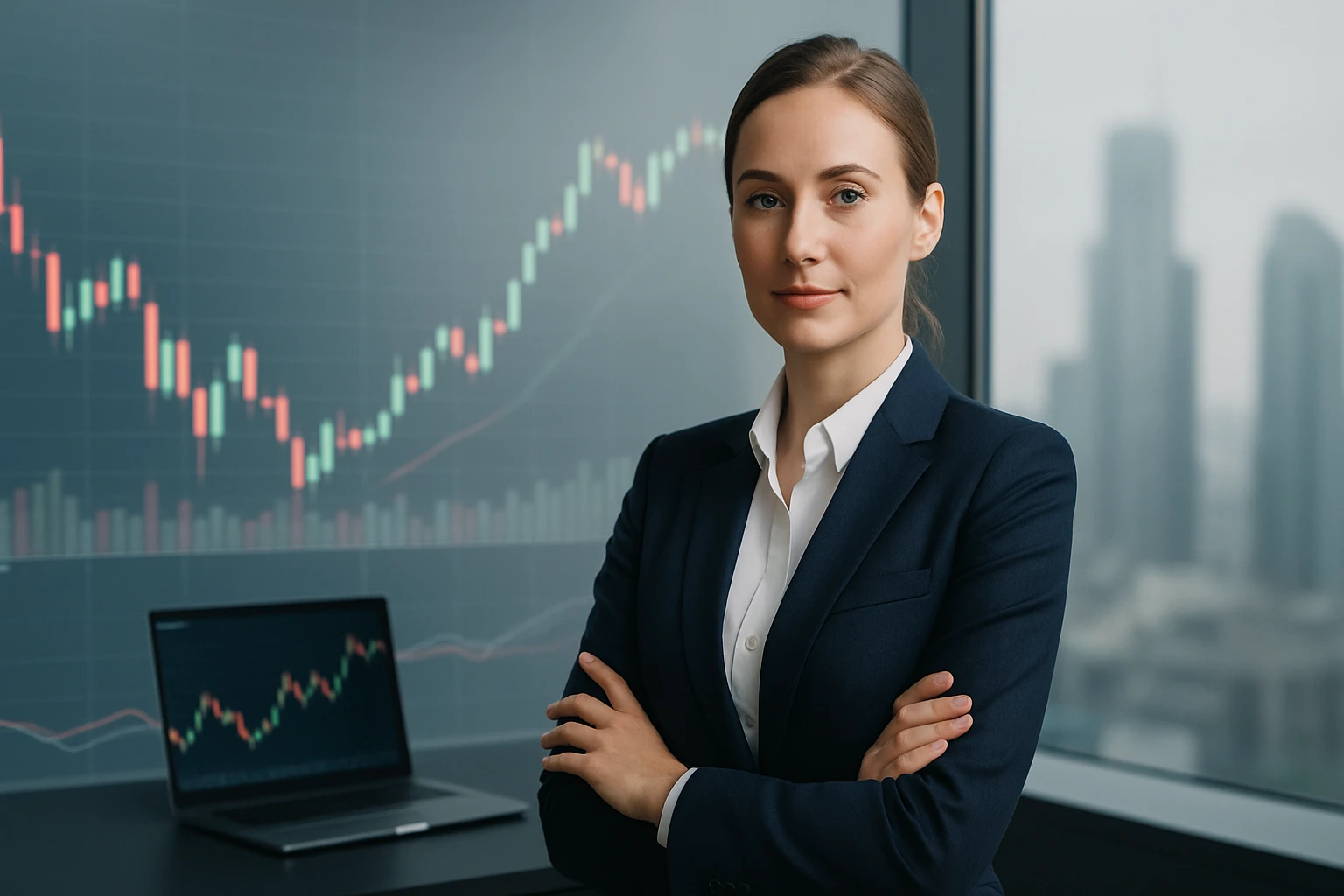 Egy fiatal nő, öltönyben, a tőzsdei grafikon előtt áll, magabiztosan.