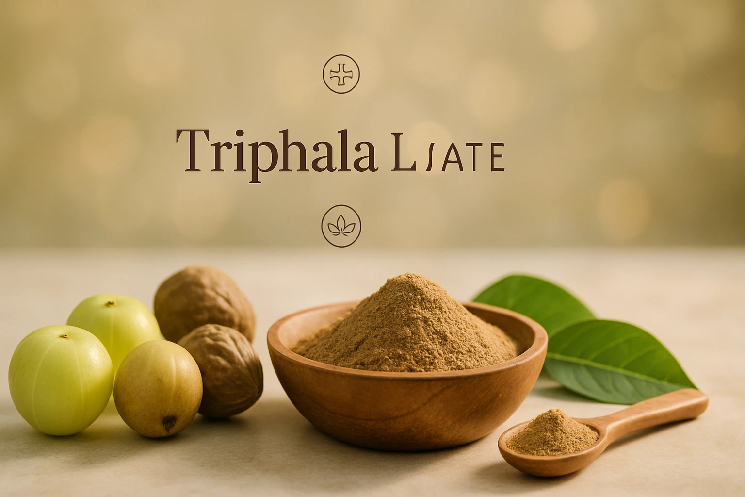 Egy tálban triphala por, mellette zöld gyümölcsök és diófélék láthatók.