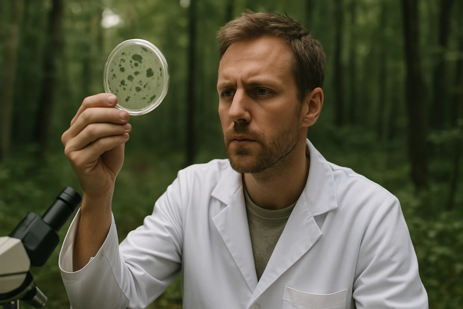 Egy tudós, fehér köpenyben, egy petri csészét vizsgál a zöld erdőben.