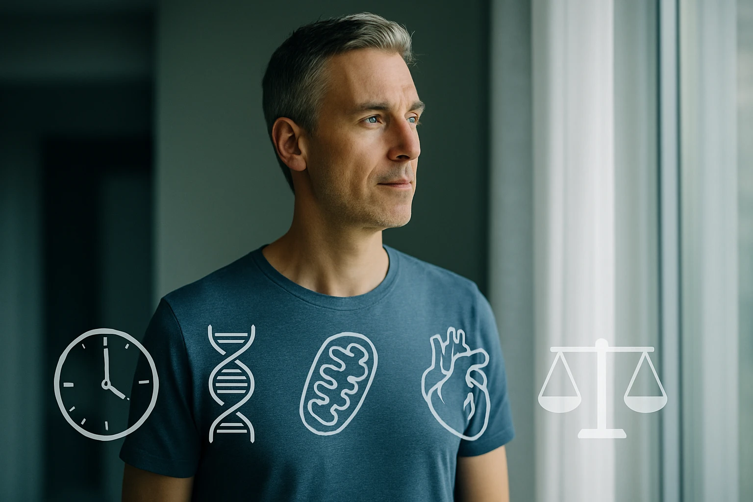 Egy férfi néz ki az ablakon, mellette különböző tudományos szimbólumok láthatók.