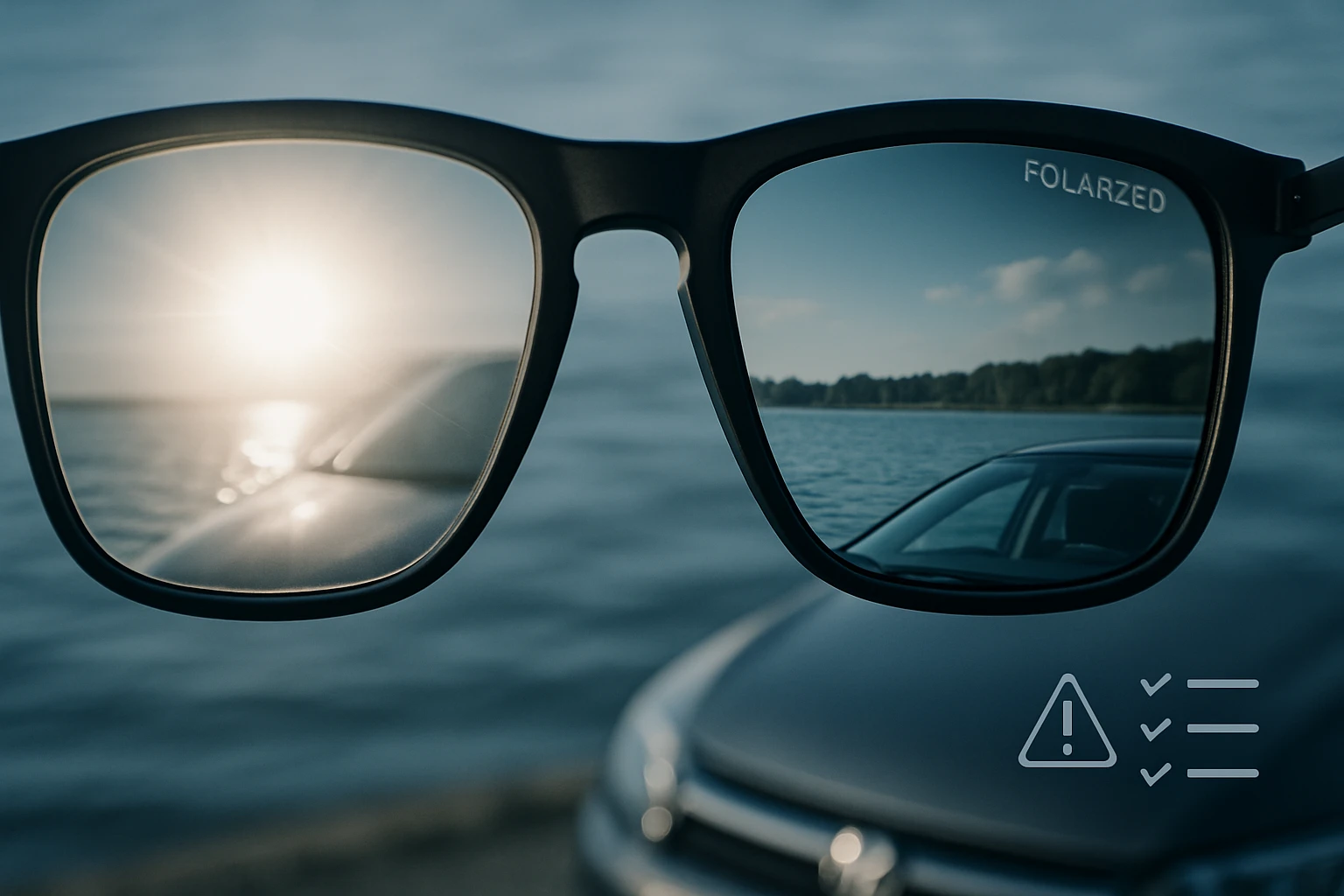 Fekete napszemüveg, amelyen a napfény és a víz tükröződik, háttérben egy autóval.