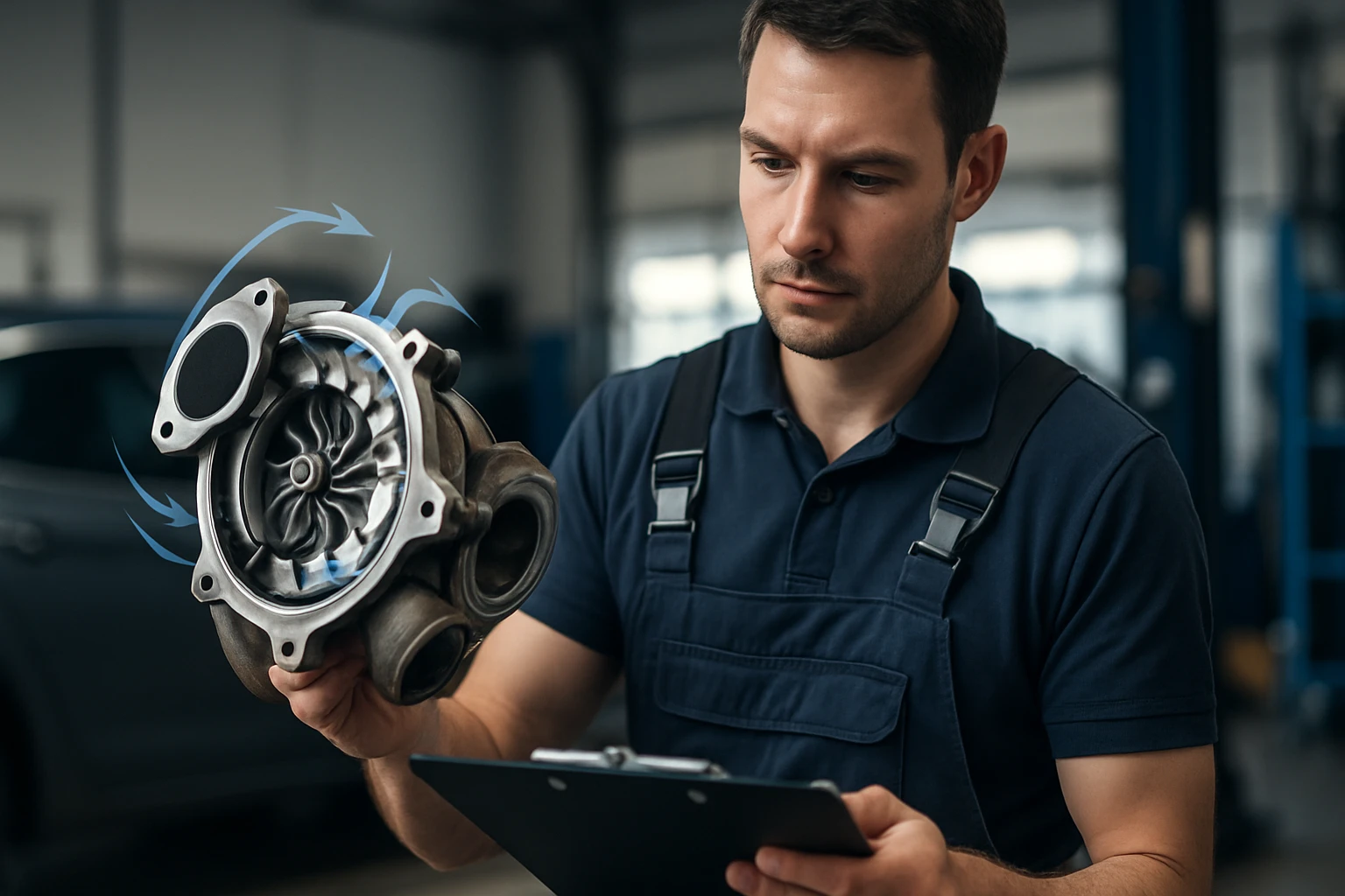 Egy férfi turbótöltőt vizsgál, miközben egy jegyzettömböt tart a kezében.