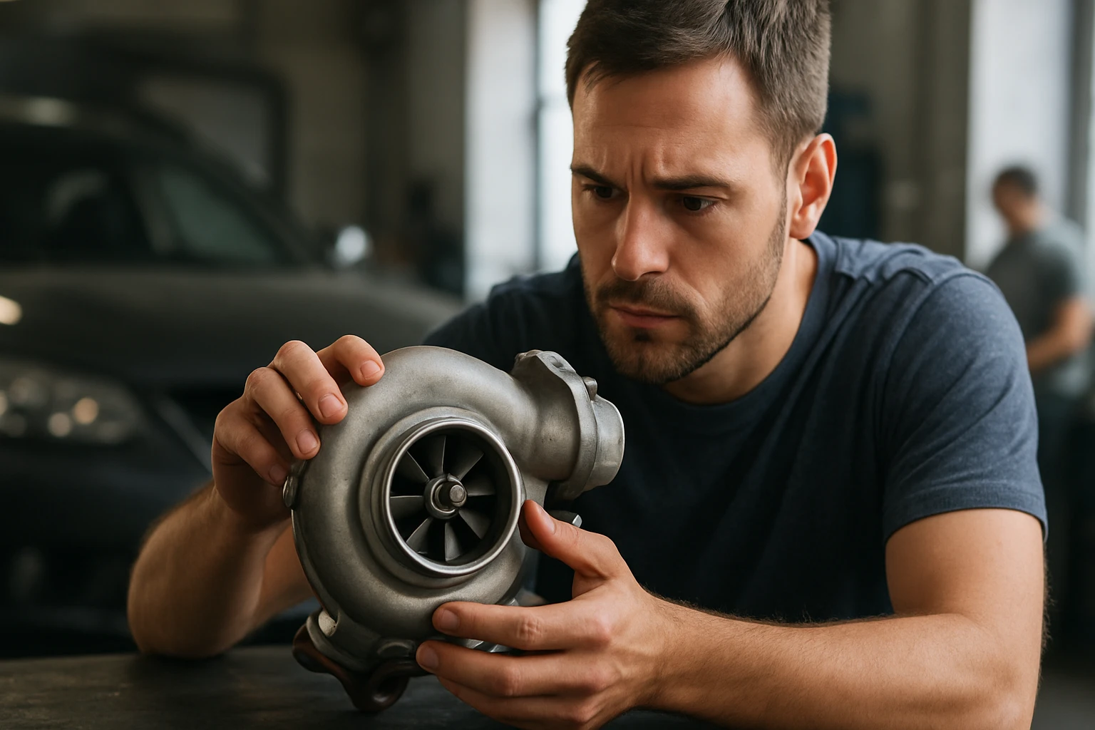 Egy férfi alaposan megvizsgál egy turbótöltőt egy autószerelő műhelyben.