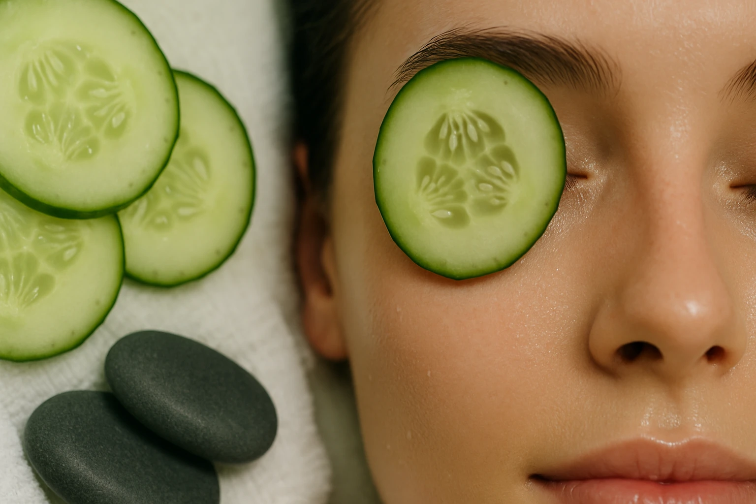 Egy fiatal nő arca, uborkaszeletekkel a szemei előtt, relaxáló környezetben.